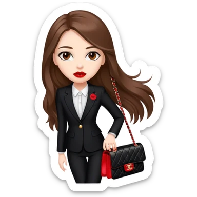 White girl with brown long hair dressed up in black chanel suit with a red chanel bag and red lipstick sticker