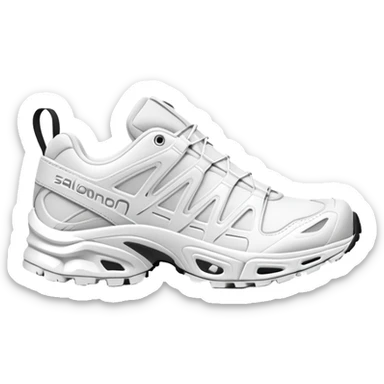Totally white Salomon XT-6 sneakers with absolutely no color accents, clean white monochrome design, one shoe behind the other, simplified iOS emoji style sticker