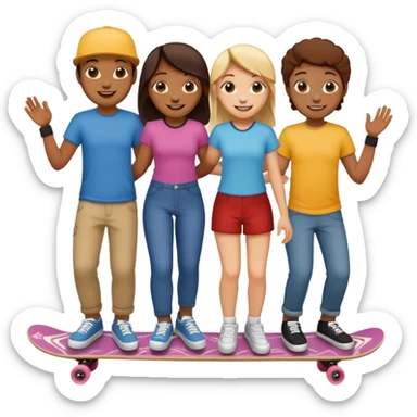 Four people on one long skateboard sticker
