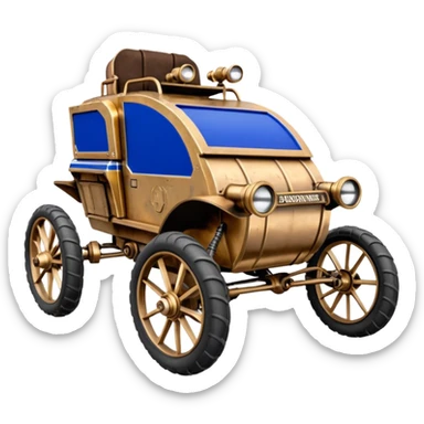Old American West tarnished R2D2 C-3PO bounty hunter 1854 delicately ornate rosegold accents painted dune buggy buckboard wagon powered by electric motors and batteries with safety features and belts flying rapidly across rough dusty terrain stable on strong agile steampunk suspension and steering  sticker