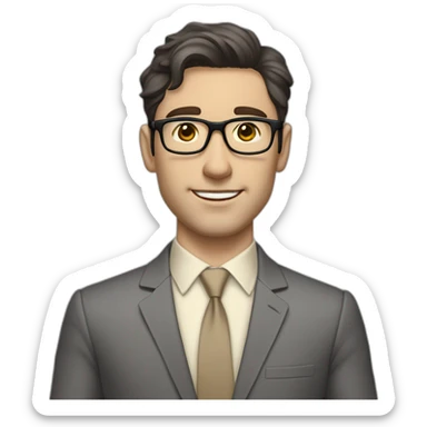 Full height Pale skinned Fit Man With dark brown hair in classic gray suit, beige office shirt, dark gray tie, and vintage glasses. His palms lock sticker