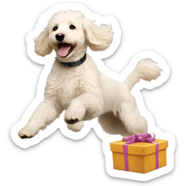 white goldendoodle jumping birthday present  sticker