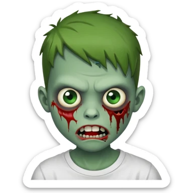 Faça um menino zumbi com a boca meio torta com machucado fo lado da boca camisa branca sticker