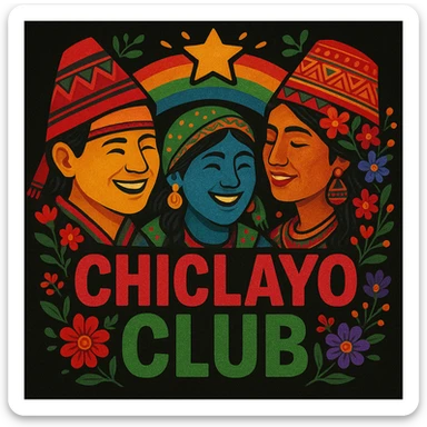 Modify the logo by adding a third face (total three faces) while keeping the colorful Peruvian theme and flowers. Make the style less childish and more mature but still convey friendship and joy. Retain the text 'Chiclayo Club'. The style should reflect a vibrant, joyful, and culturally rich Peruvian aesthetic with a balanced mature tone, not overly cartoonish or childish. sticker