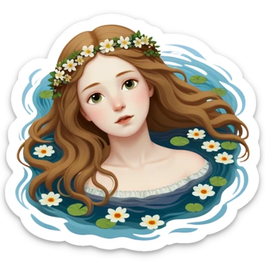 Ophelia floating in water surrounded by flowers, based on the famous painting by John Everett Millais sticker