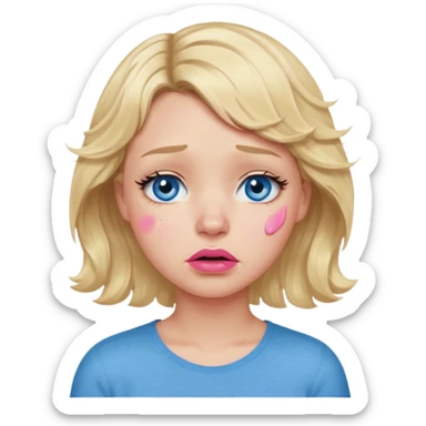Girl Blonde short wavy hair,  blue eyes, cute blue top, long lashes, pink lips,crying with big tears running down the face  sticker