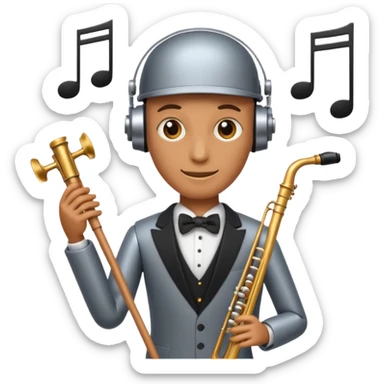 robot a sophisticated and elegant emoji that represents orchestration and arrangement. The design should feature a conductor’s baton, musical notes, and a symphonic score, symbolizing the process of arranging and orchestrating music. Incorporate instruments like a violin, trumpet, sticker