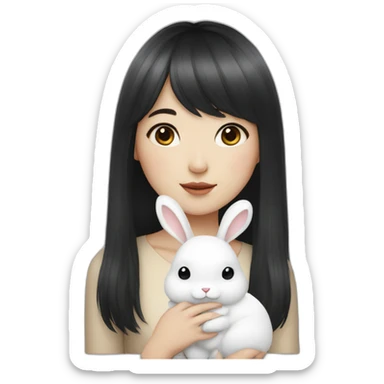 korean girl with long black hair bangs holding white rabbit sticker