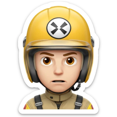 white male racer in helmet, crazy look, taking risks, very serious face, angry sticker