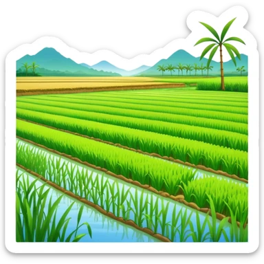 lush rice paddy with young rice plants, vibrant colors, modern emoji style sticker
