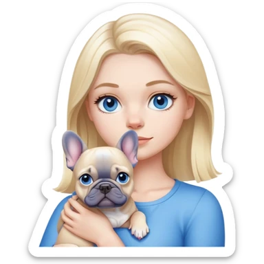 White girl with blond with blue eyes holding a blue French bulldog  sticker