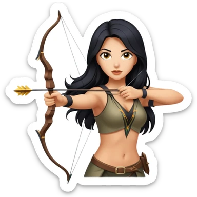 woman tanned long black hair, shooting arrow, sexy, causal sexy clothes sticker