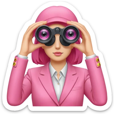 woman in a pink suit looking through two-eyed binoculars, front view sticker