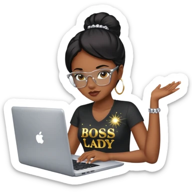 black pretty girl working hard with sparkles on laptop "boss lady" spelled out on shirt sticker