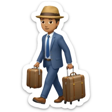 a man walking to leave, bring suitcase sticker