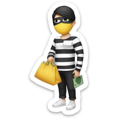  and a long sleeved white and black horizontally striped t-shirt and wearing black eye mask and holding a bag of money in their left shoulder sticker