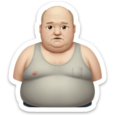 extremely morbidly obese middle aged white man in wifebeater with  dirty appearance. His hair is balding and grey and greasy sticker