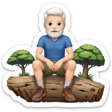 A white haired man with a beard sitting on a piece of wood wearing shorts sticker