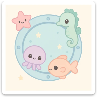whimsical porthole with sea creatures peeking in, playful and colorful sticker