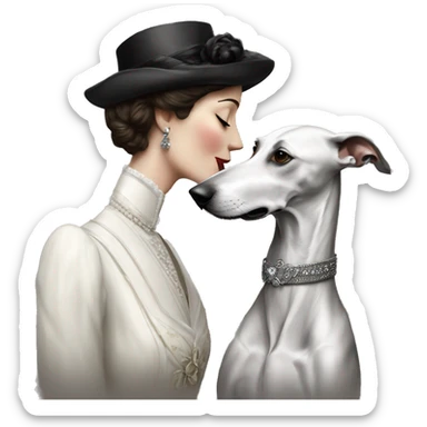 Two aristocrat dog black and white galgo kiss with women  sticker