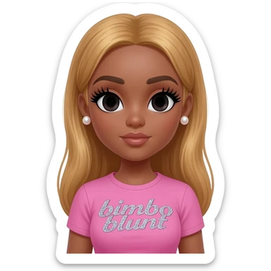 doll body , dark brown eyebrows, dark skin girl, pearl earrings stud, Long giant lashes, bimbo, black doll eyes, barbie, dark brown skin, with honey blonde hair, big breast, pink 2000s t shirt says on the sparkling text “bimbo blunt” sticker