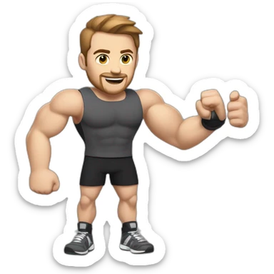 Close up Actively gesturing  with hands Pale skinned Fit Man With the biceps and brown hair in dark gray Sleeveless Mike, black oversize sports shorts, watch and white Sneakers sticker