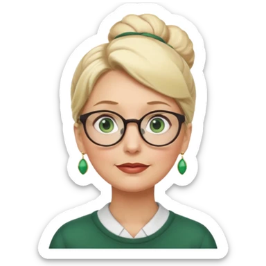 older teacher with blonde bun green eyes looking up and left and glasses full lips sticker