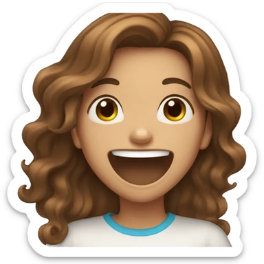 Brown hair girl with long wavy hair and blue laughing while covering her mouth  sticker