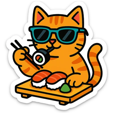 cat in sunglasses eating sushi sticker