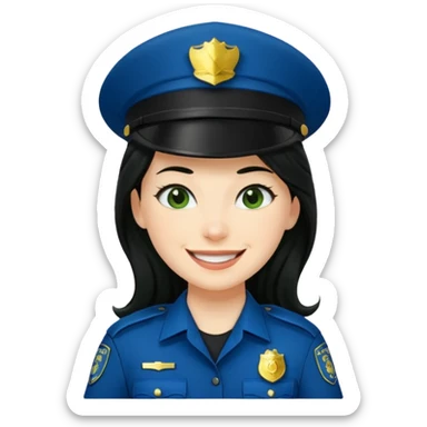 Female POLICE IN green, long black hair, happy smile sticker