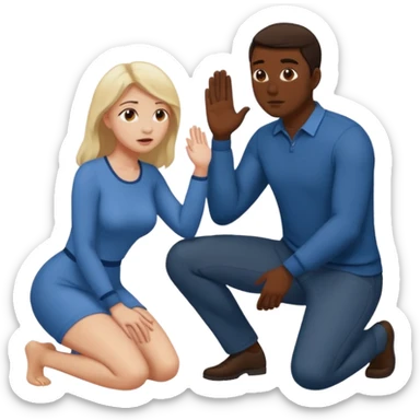 A woman kneel down in front of a man and the man moan sticker