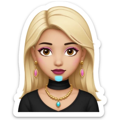 Sweet Indian girl blonde hair darkbrow  eyes brown lipstick, pink blush, black top gold earrings, brown eyebrows  sticker