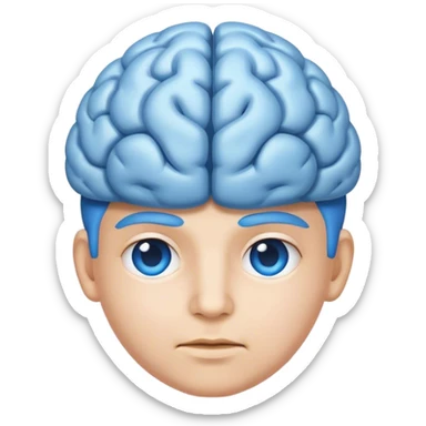 All blue adult person face emoji with a brain for hair and calm content expression sticker
