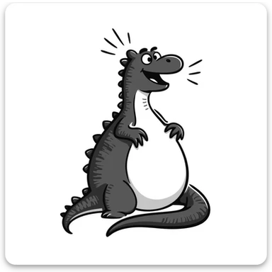 A hand-drawn fat komodo dragon with a huge round belly, hiccupping with motion lines around it sticker