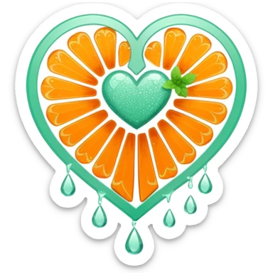 orange glittery heart, chopped  in pieces  with mint green water dripping down and a couple art deco fans  sticker