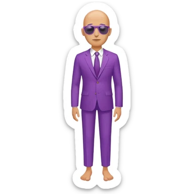  A bald and skinny man about 45. He's wearing a purple suit and sunglasses which it's standing on his head. He doesn't wear sucks. sticker