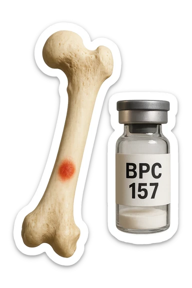 osso umano con red spot fluttua insiema a fiala medica con la scritta "BPC 157" SULL'ETICHETTA, iperrealistiche 4k sticker