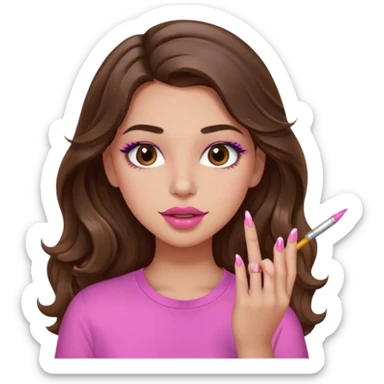 girl with long wavy brown hair, brown eyes, light to medium complexion, in a pink shirt, pink lips, long lashes, puckered lips,  painting long finger nails sticker