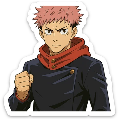 Yuji Itadori from Jujutsu Kaisen, pink hair, school uniform, determined expression, anime style sticker