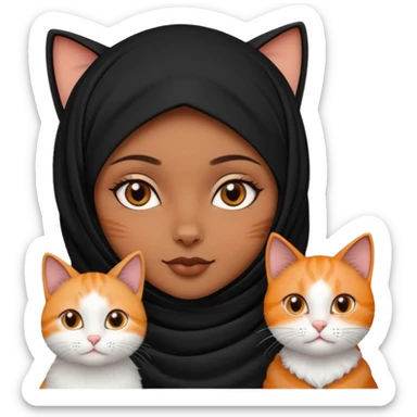 A girl with brownblack eyes and black hijab and three cats, one blackwhite girlcat and one blackwhite boy cat sticker