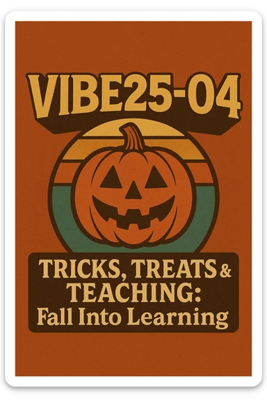 Create a logo that encompasses a retro 80's feel, nostalgic, ALSO RETRO.  Add the words "VIBE25-04: Tricks, Treats & Teaching: Fall Into Learning" sticker