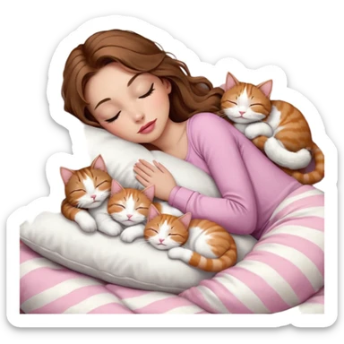 girl with long wavy brown hair, brown eyes, long lashes makeup, sexy pink lips, light to medium complexion,  sleeping on a cozy pillow, with 6 cats: 1 brown and white tabby cat, 1 ginger and white, 2 grey and white, 1 grey with white mittens and small white patch on chest and 1 calico, sleeping sticker