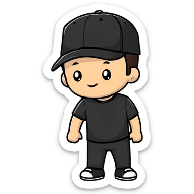 a white bro with brunette hair, wearing a black cap and a black shirt sticker