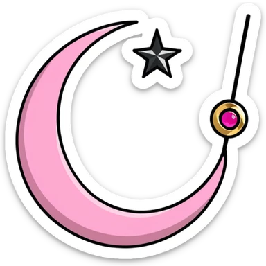 Sailor Moon's Crescent Moon Stick, a pink wand with a gold crescent moon on top and a circular silver gem in the center sticker