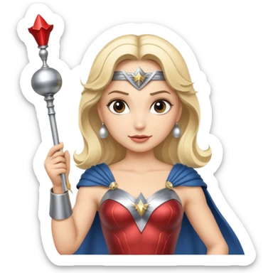 Blonde Wonder Woman holding short white orchestra conductor’s baton and bell sticker