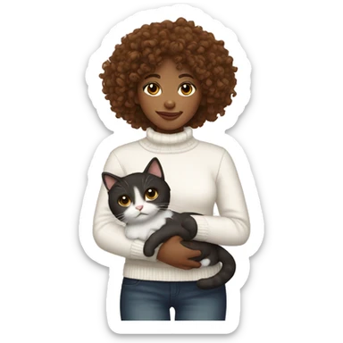 brown curly haired girl with a white sweater holding tuxedo cat  sticker
