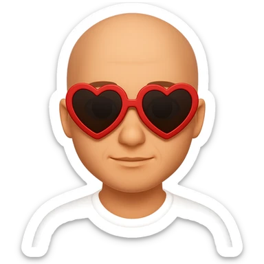 A bald guy wearing heart-shaped sunglasses in the style of apple emojis, with no background, clean and crisp apple emoji style look. sticker