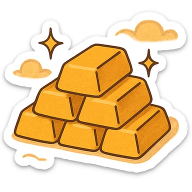 gold bars stacked with sparkle effect, flat modern style, bright saturated colors golds greens reds, minimal but expressive, universal look sticker