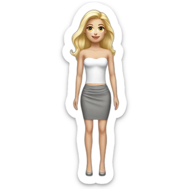 hyperrealistic caucasian long blonde woman white v-neck strapless top gray tight mini skirt sticker