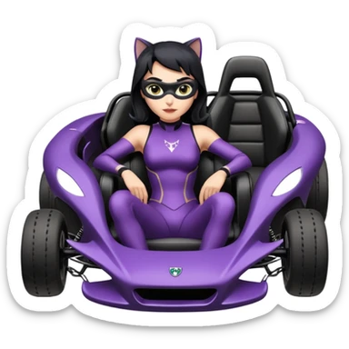 full size real-appearance road glowing racing sexy buxom CatWoman’s feminine midnight-colored tight outfit sixty’s tv show dark stealthy accurate sporty safe plush deluxe off-road pursuit drifting car jaguar (black hair,reclined and relaxed torso and shoulders back seating position) cross kart  sticker